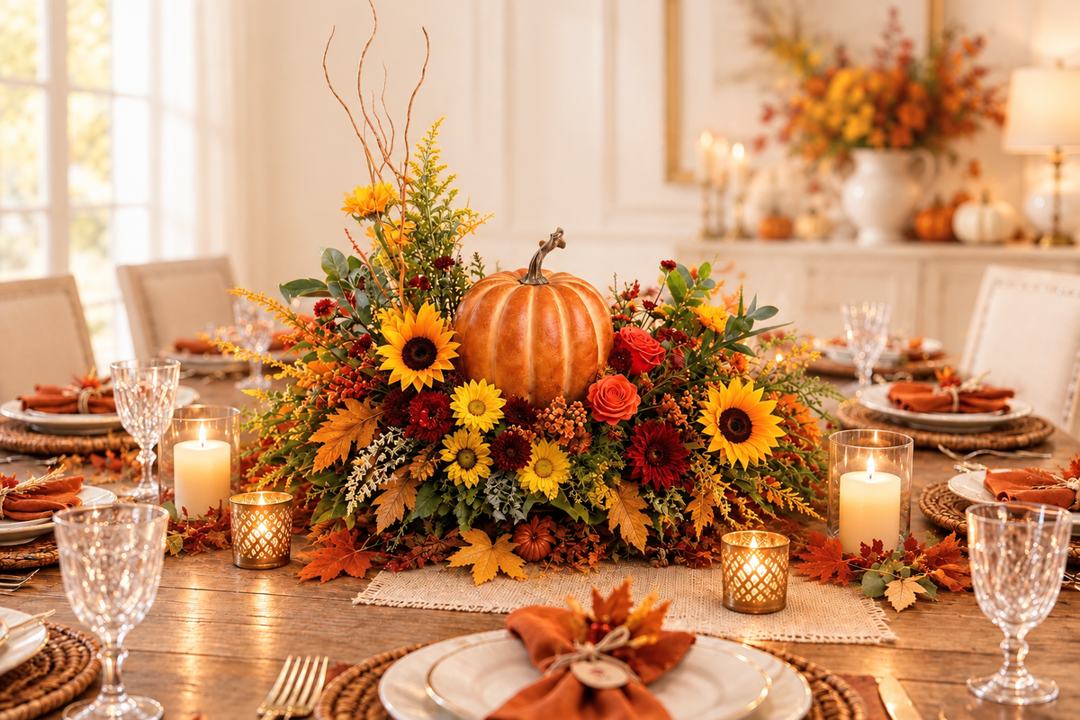 Decorative floral arrangement with a pumpkin and sunflowers on a wooden surface, branded 'the flower studio'.