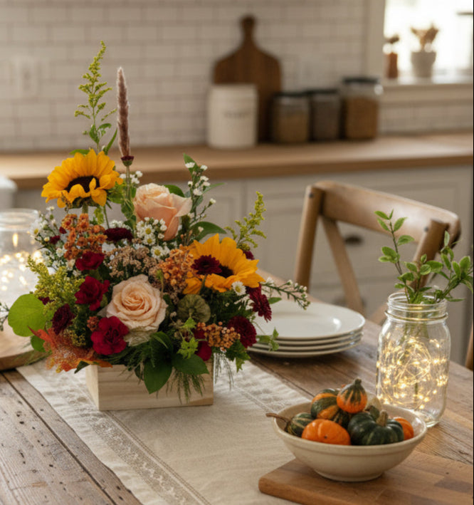 Colorful flower arrangement with sunflowers, roses, and various other flowers in a wooden box on a light background.