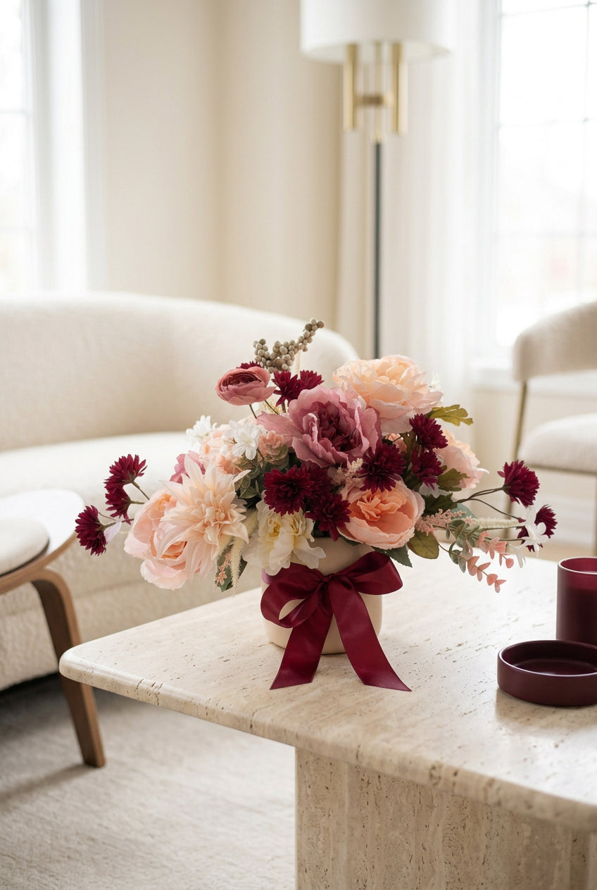 Blushing Merlot luxury faux floral arrangement featuring burgundy, blush pink, champagne and ivory flowers with a burgundy satin bow, displayed in a bright modern living room.