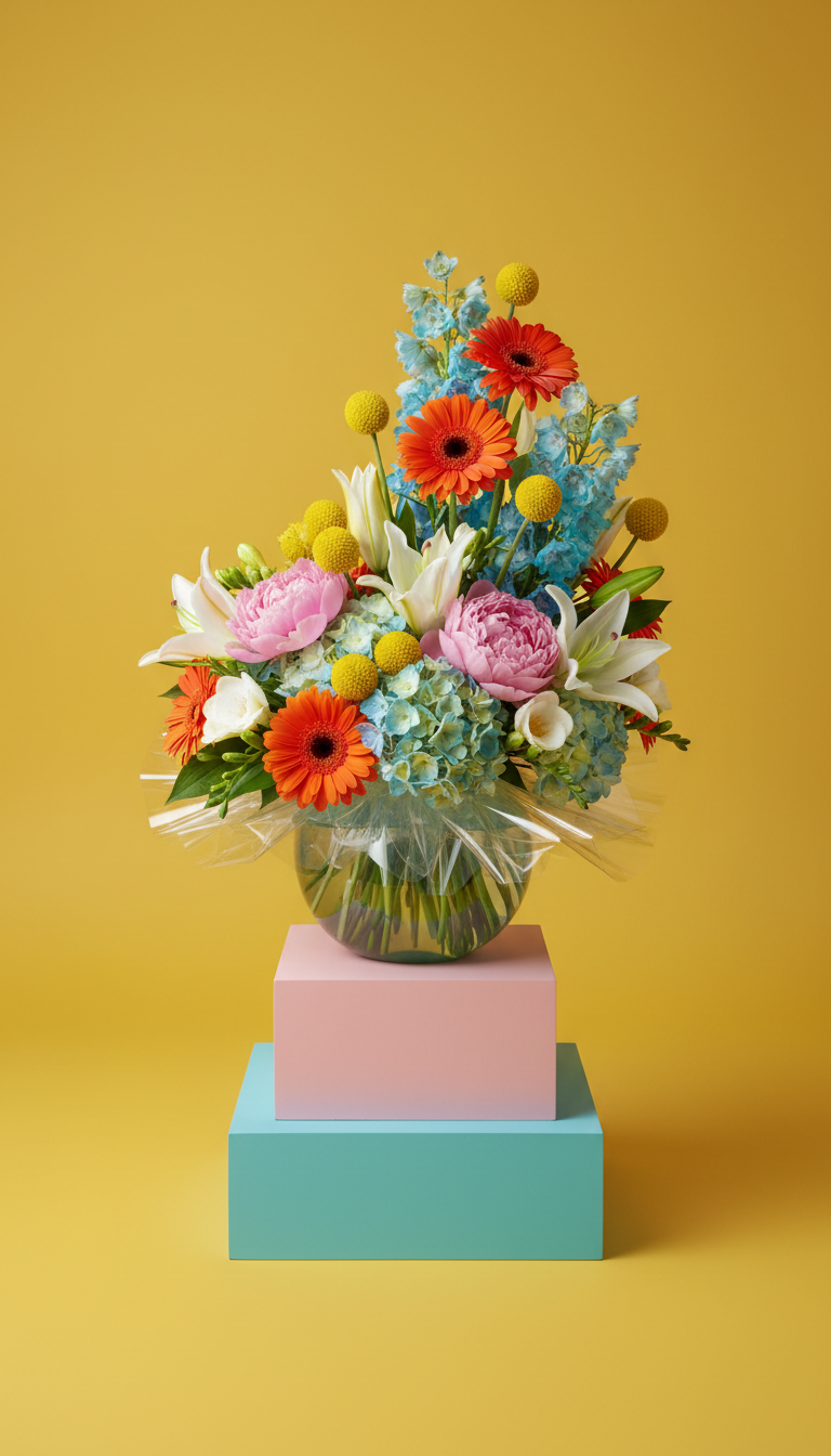 Aqua splash sculptural floral arrangement in vase