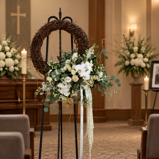 Floral arrangement with a wreath on a stand against a light blue wall