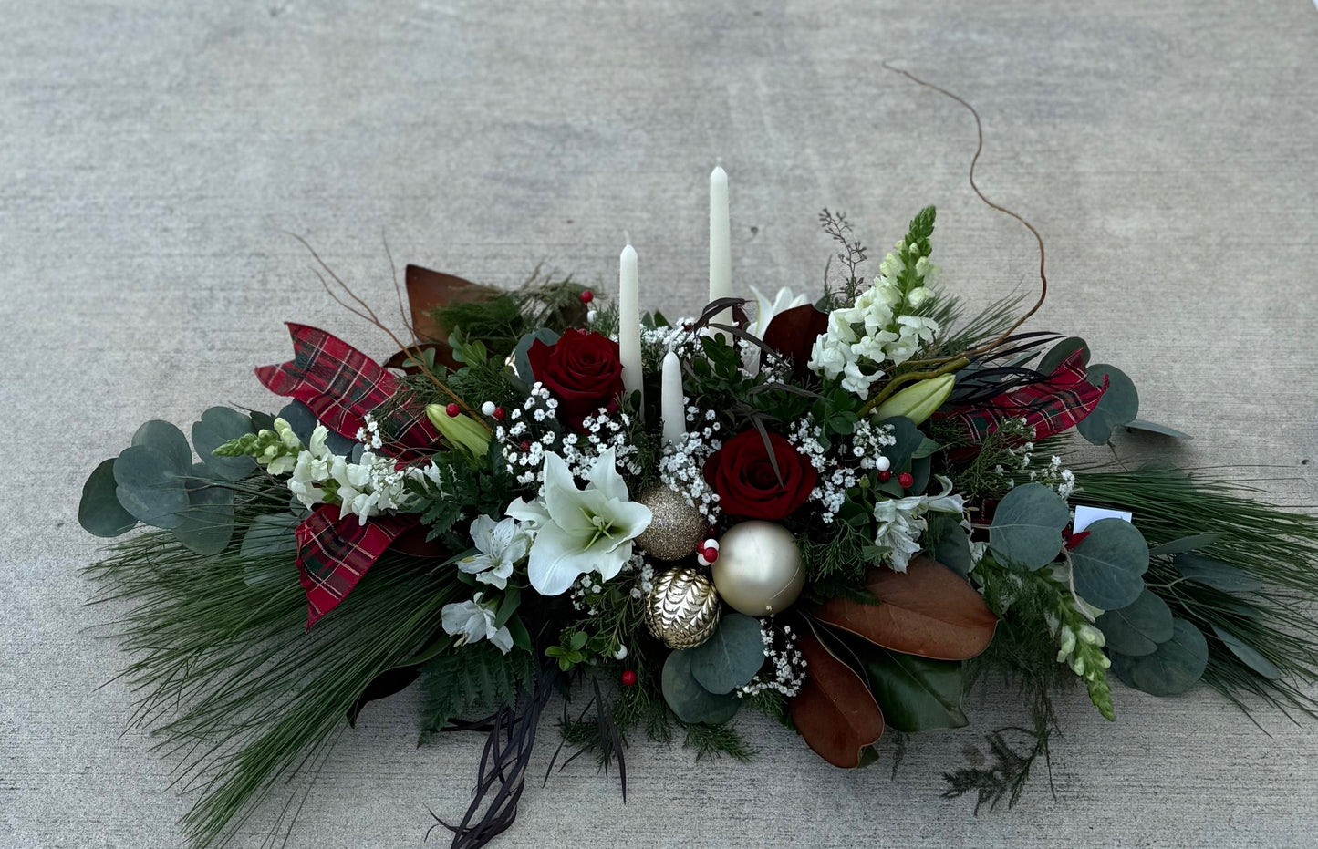 Classic Christmas Glow Holiday Centerpiece by The Flower Studio Oxford
