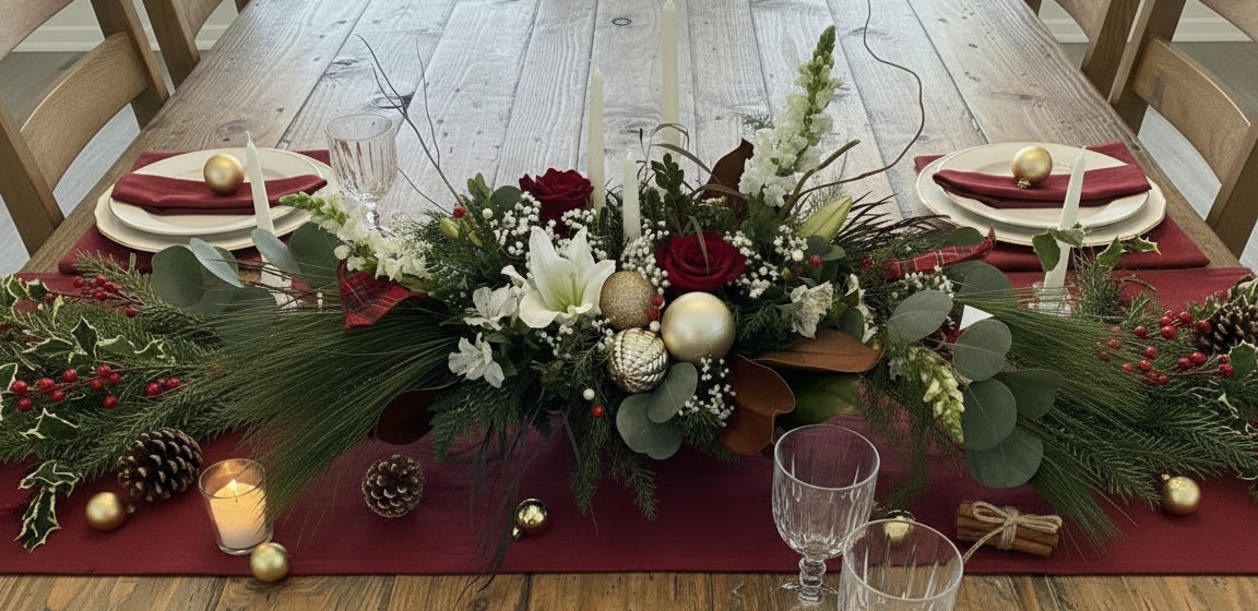Decorative floral arrangement with candles and ornaments 
