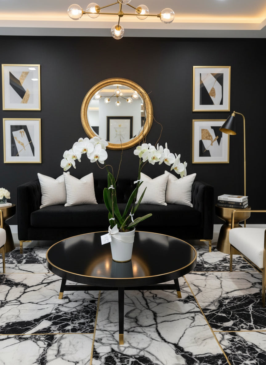 White orchid plant in a pot on a concrete surface