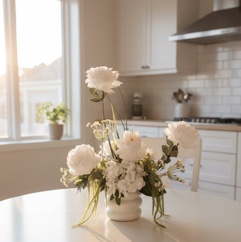 White faux rose floral arrangement in a white ribbed ceramic vase, set on a concrete surface against a light gray garage door.