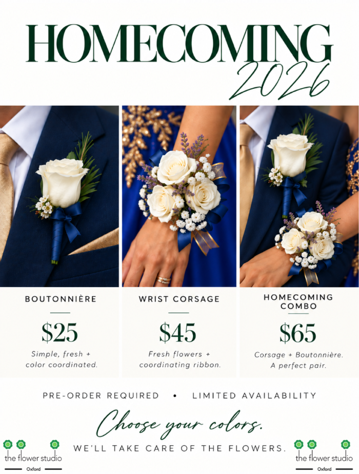 Promotional graphic for the 2026 Homecoming floral lineup by The Flower Studio, featuring three options: a Boutonnière for $25, a Wrist Corsage for $45, and a Homecoming Combo for $65. The design showcases close-up photos of white boutonnieres, wrist corsages, and matching navy blue and white corsage and boutonniere.