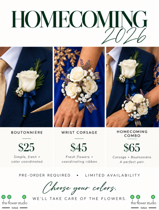 Promotional graphic for the 2026 Homecoming floral lineup by The Flower Studio, featuring three options: a Boutonnière for $25, a Wrist Corsage for $45, and a Homecoming Combo for $65. The design showcases close-up photos of white boutonnieres, wrist corsages, and matching navy blue and white corsage and boutonniere.