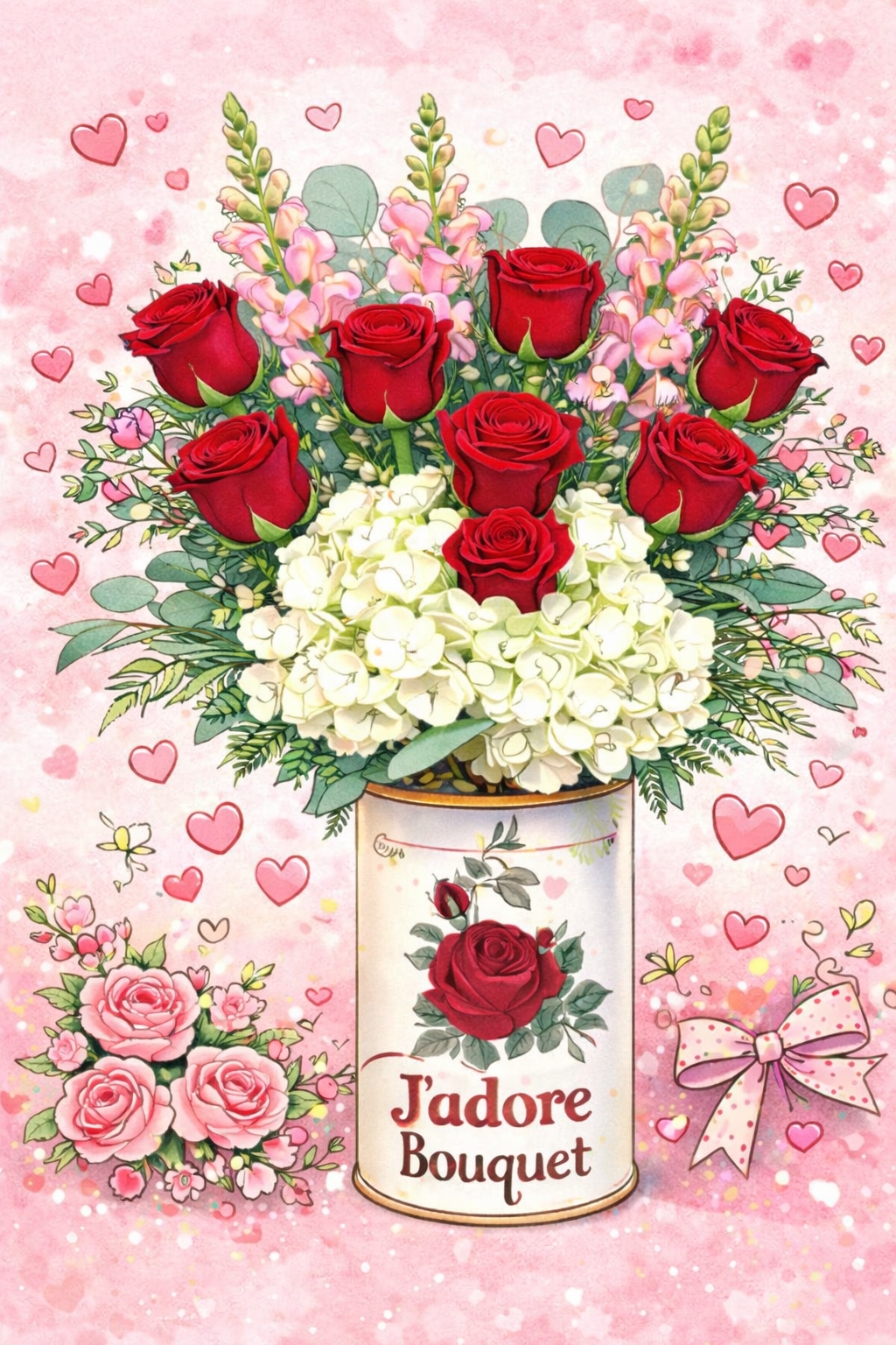 Bouquet of red and white flowers in a decorative can labeled 'Jadore Bouquet' on a pink background with hearts.