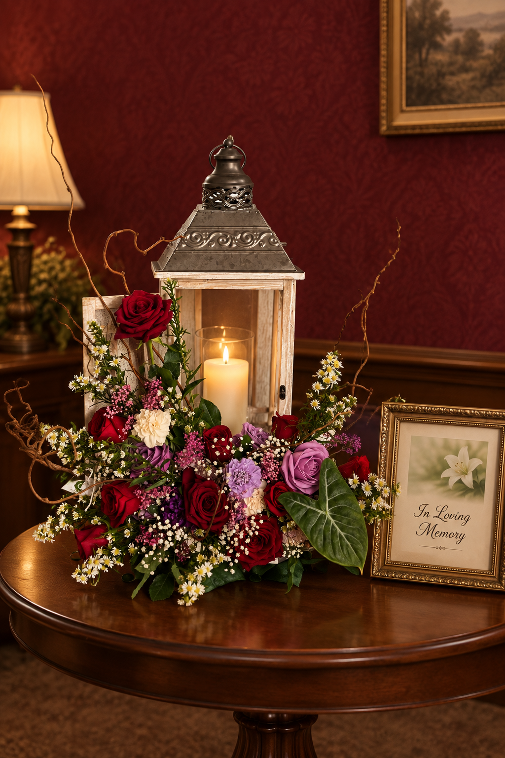 A wooden lantern-shaped centerpiece with a candle inside, adorned with a mix of red and white flowers, greenery, and the logo of The Flower Studio.