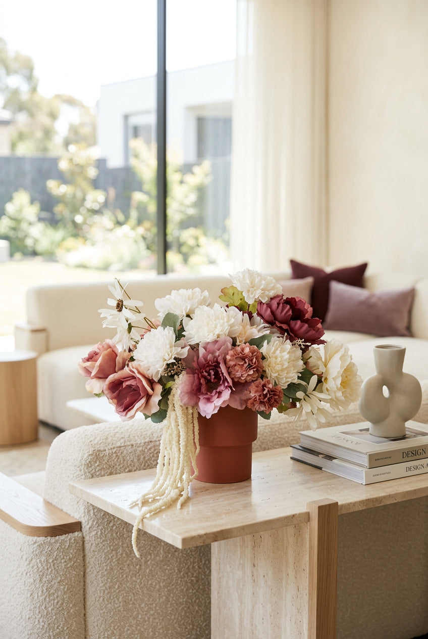 Luxury faux floral arrangement featuring dusty mauve, blush pink, burgundy, and ivory flowers with cascading white Amaranthus in a modern terracotta-colored vase.