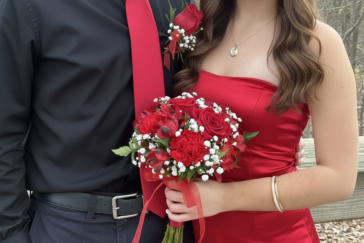 Person holding a bouquet of red roses with a red ribbon, standing next to another person.